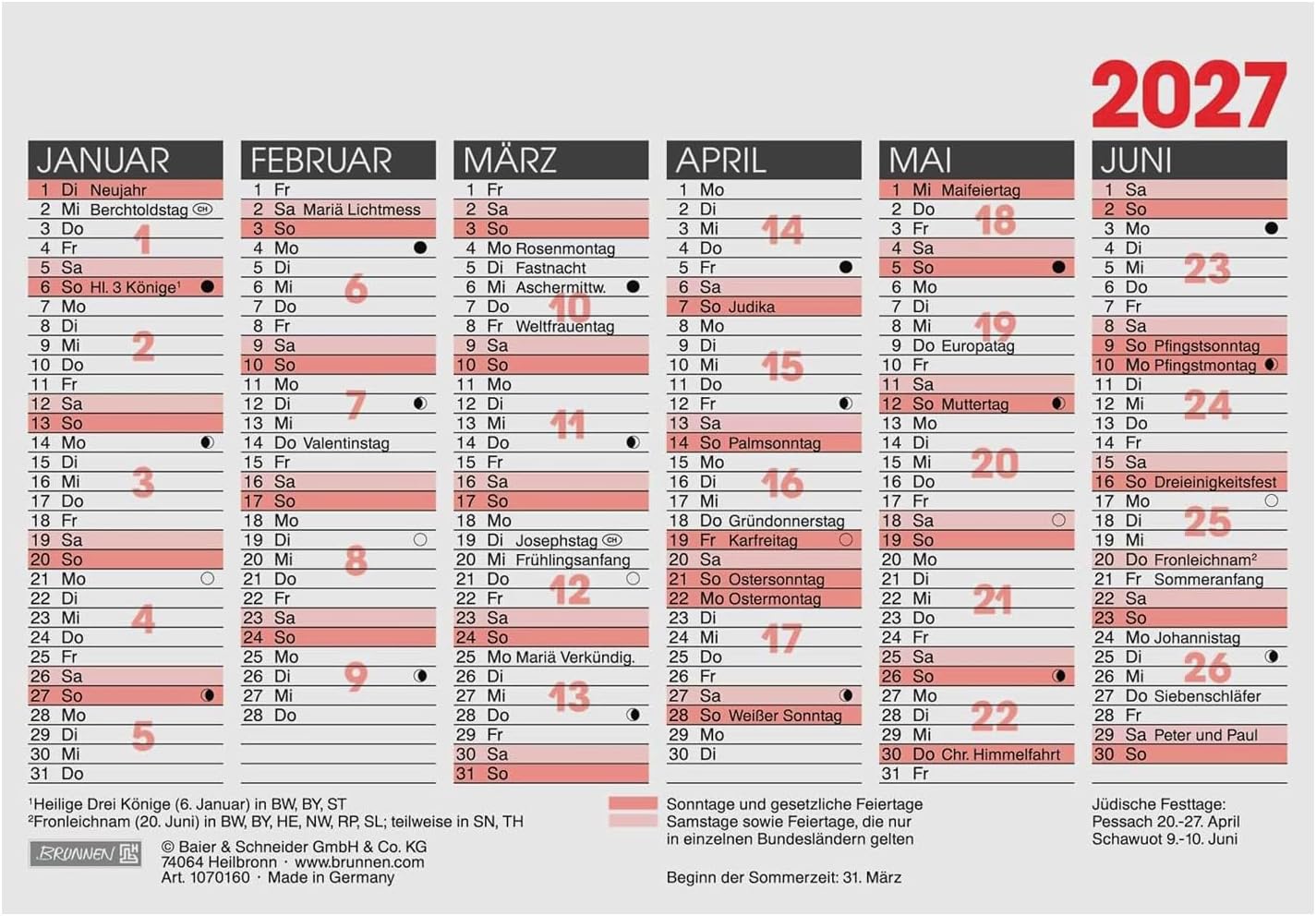 BRUNNEN Blackboard Calendar 2027 | A6 Landscape