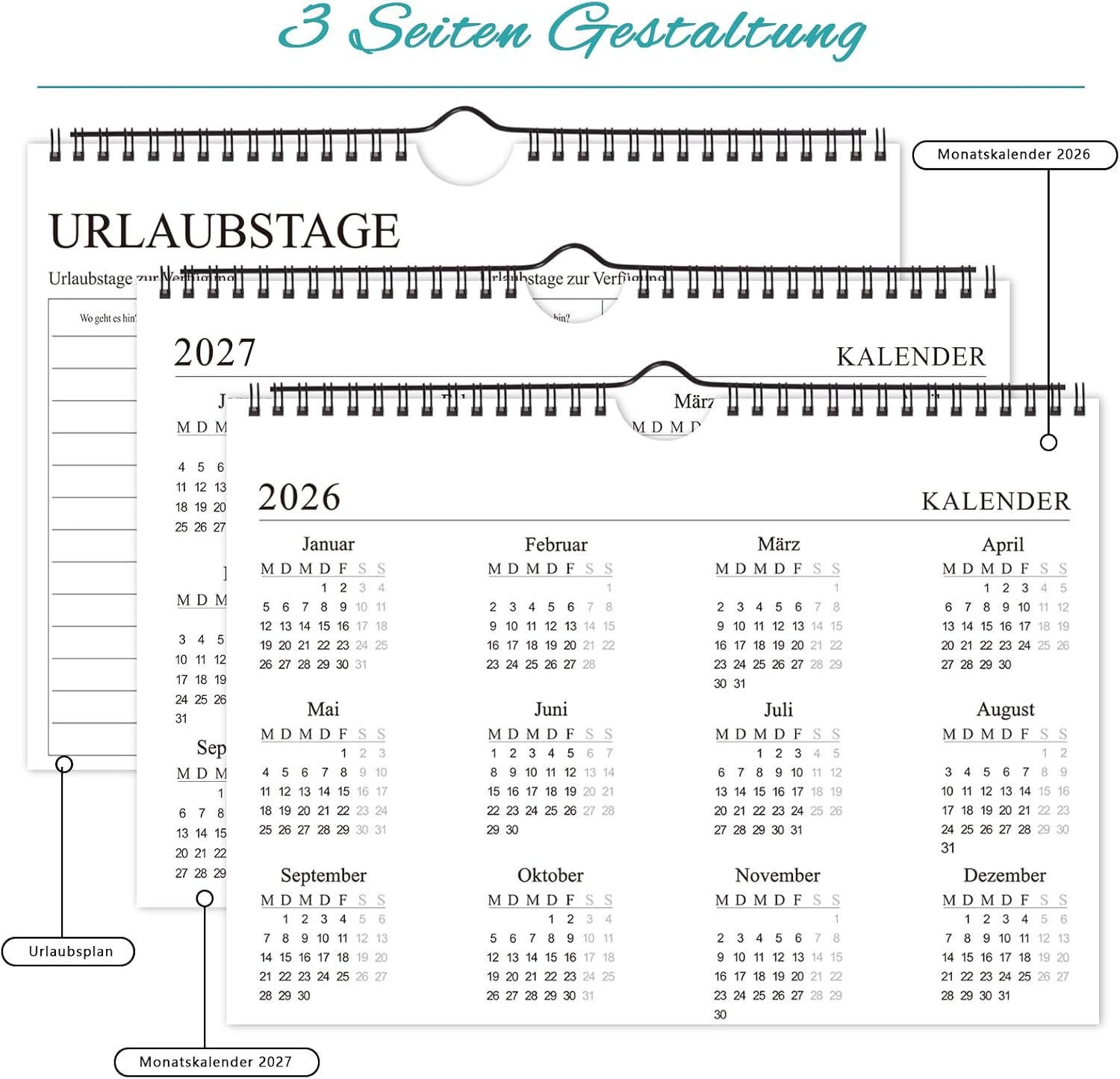 Wall Calendar 2026 2027, Calendar 2026/27 in A4 Landscape Format, 30 x 21 – Bild 4