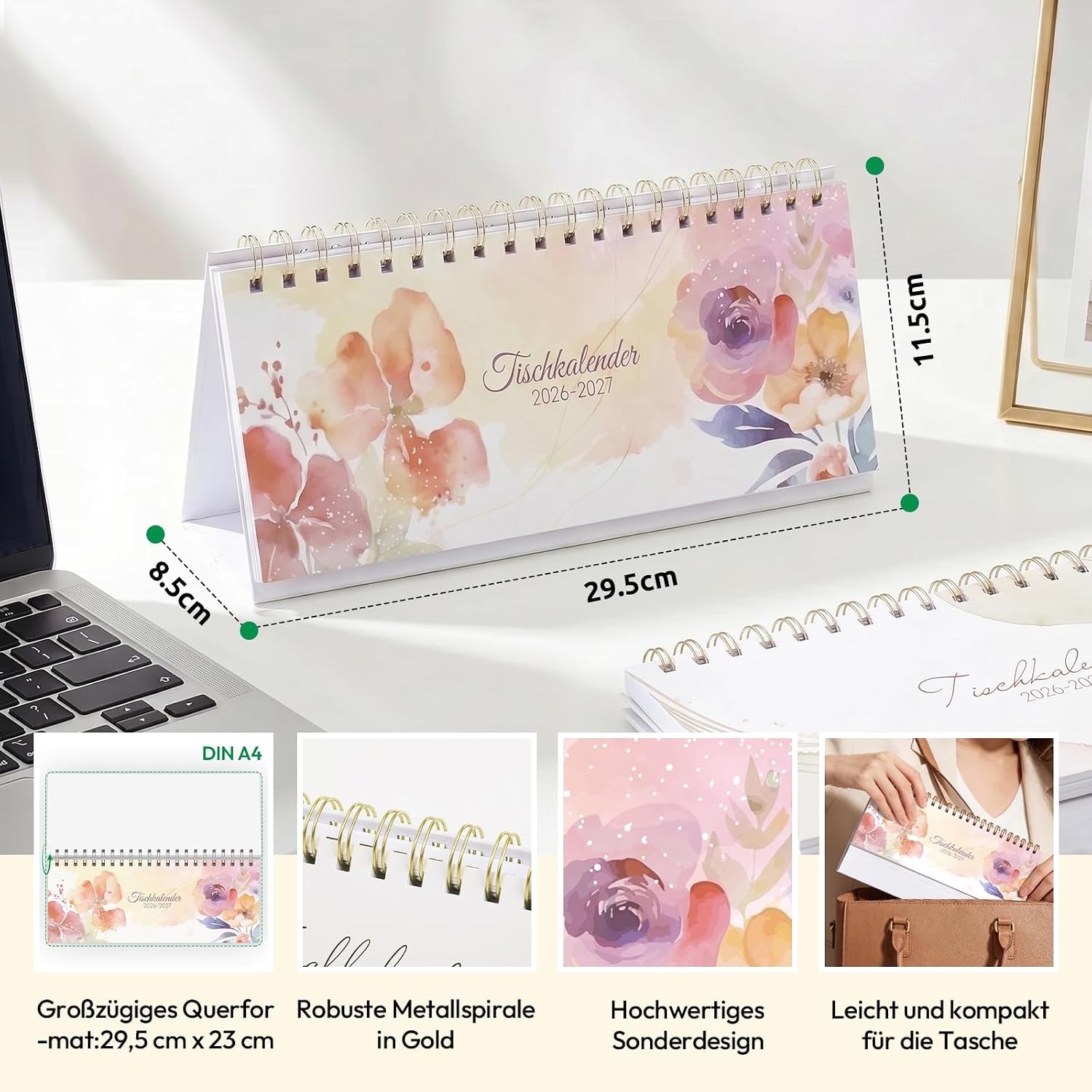 KONVINIT Desk Calendar 2026 2027 Landscape Calendar 2027 Table Flower Motif Weekly Calendar / Table Planner from July 2026 to December 2027, 1 Week 2 Pages, Standing Calendar for School Office Home – Bild 2