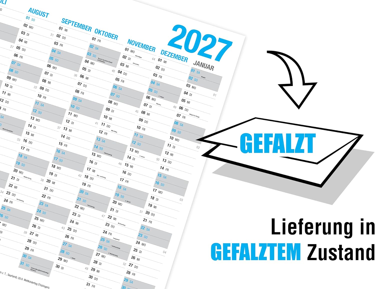 XXL Wall Calendar 2027 / Calendar Year Planner - 14 Month Annual Calendar - Folded in Poster Size (89 x 63 cm) – Bild 2