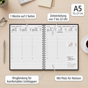 Alternative view of Wochenplaner Balacron schwarz A5 Ringbuch 2027: Wochenkalender A5 (15x21 cm) mit 1 Woche auf 2 Seiten, Ringbindung, Zeiteinteilung 7-22 Uhr & 4-sprachigem Kalendarium für Arbeit & Studium