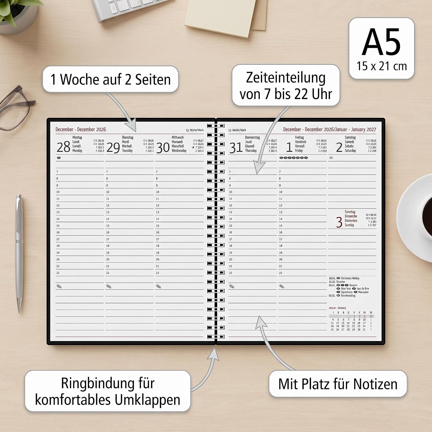 Wochenplaner Balacron schwarz A5 Ringbuch 2027: Wochenkalender A5 (15x21 cm) mit 1 Woche auf 2 Seiten, Ringbindung, Zeiteinteilung 7-22 Uhr & 4-sprachigem Kalendarium für Arbeit & Studium – Bild 2