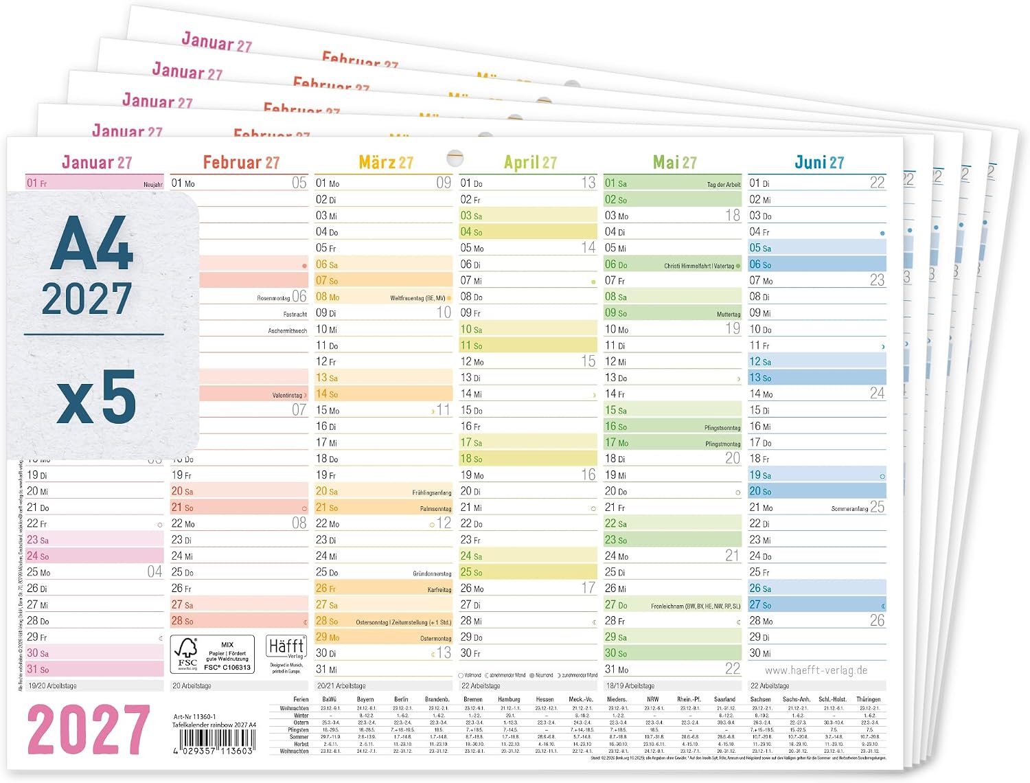 Häfft® 5 x Blackboard Calendar 2027 A4 Landscape Year Planner Wall Calendar