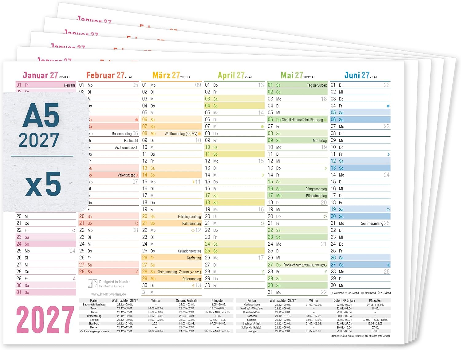 Häfft® 5 x Blackboard Calendar 2027 A5 Landscape Year Planner Wall Calendar