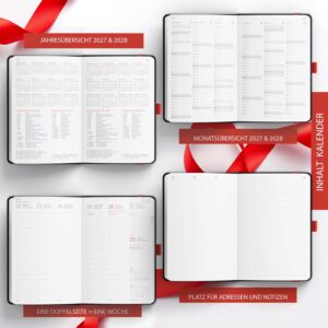 TOBJA® Book Calendar 2027 A5 Hardcover Nero Red - 1 Week 2 Pages Half Hour Clock 6-21 Clock Diary with Elastic Band, Pen Loop & Bookmark FSC Weekly Planner Calendar Book – Bild 5
