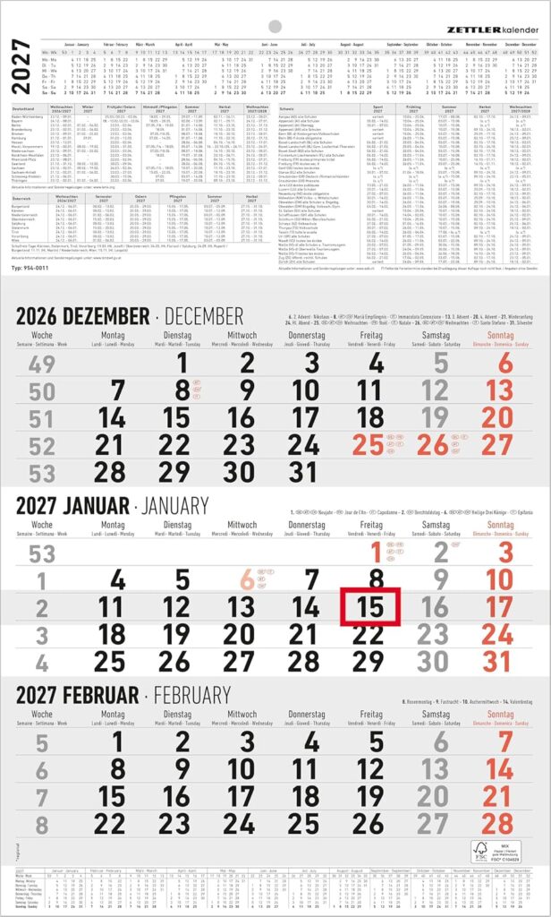 3-Monatskalender groß 2027: Wandkalender 30x49 cm mit 3 Monaten pro Blatt, Datumschieber, Wochenzählung, Feiertagen & Ferien ideal für Büro & Homeoffice