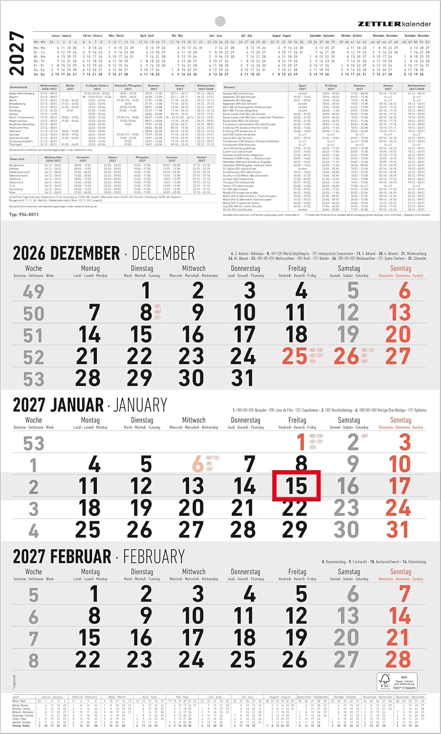 3-Monatskalender groß 2027: Wandkalender 30x49 cm mit 3 Monaten pro Blatt, Datumschieber, Wochenzählung, Feiertagen & Ferien ideal für Büro & Homeoffice