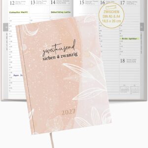TOBJA® Book Calendar 2027 OptiPlaner Rosé - Watercolour Design Dusky Pink, 30 Minutes Stroke 7-21 o'clock, Weekly Planner Between A5 & A4 (18.5 x 26 cm), FSC, 4 Languages | Diary 2027 Women