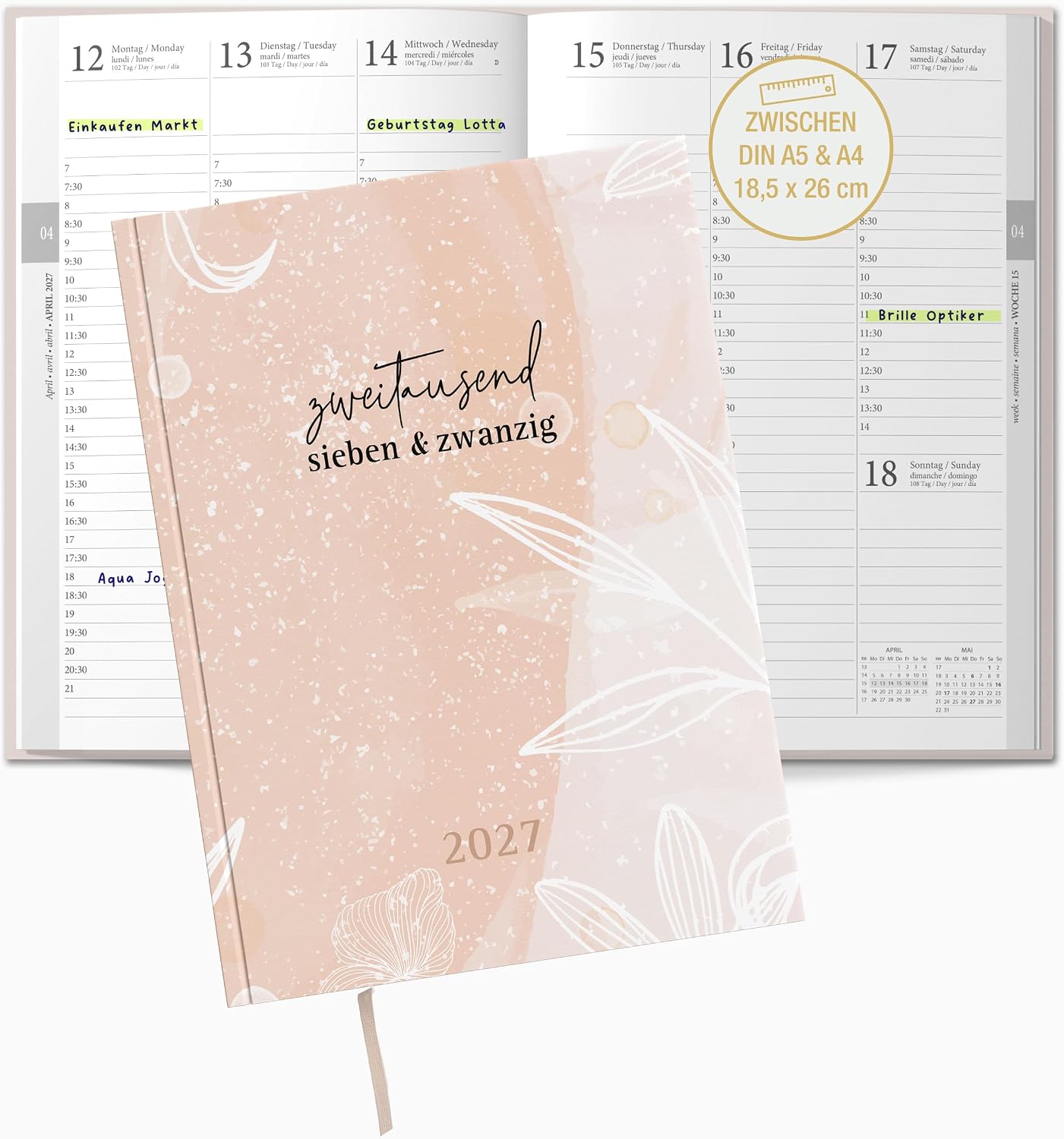 TOBJA® Book Calendar 2027 OptiPlaner Rosé - Watercolour Design Dusky Pink, 30 Minutes Stroke 7-21 o'clock, Weekly Planner Between A5 & A4 (18.5 x 26 cm), FSC, 4 Languages | Diary 2027 Women