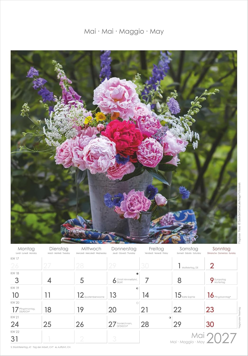 Blumen 2027: Wandkalender 23,7x34 cm mit 12 Blumenarrangements, 4-sprachigem Kalendarium und Platz für Notizen – Bild 4