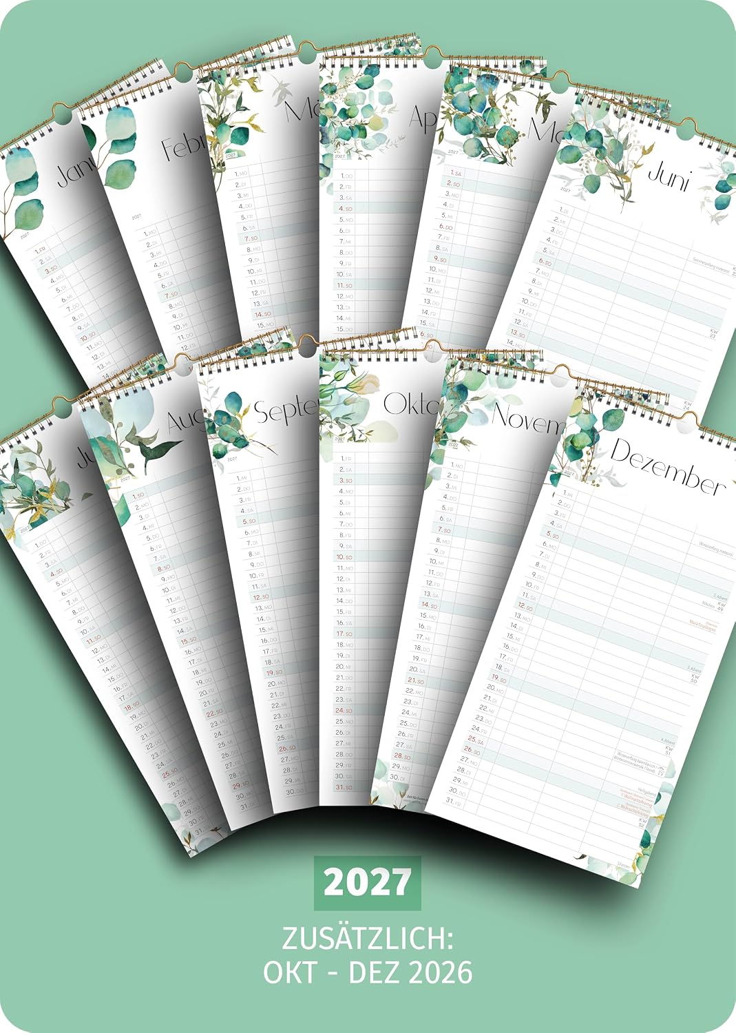 Schöne Güter® Couples Calendar 2027 Family Calendar 3 Columns 16 x 32.5 cm Eucalypt Greenery Wall Planner for 2 People Couple Planner Natural Design Modern and Fresh Includes Stickers and Holidays – Bild 7