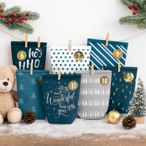 Advent Calendar for Filling, 24 Advent Bags for Crafts, Christmas Calendar to Fill Yourself, Printed Christmas Bags with Number Stickers to Fill Yourself (Blue/Grey) – Bild 4