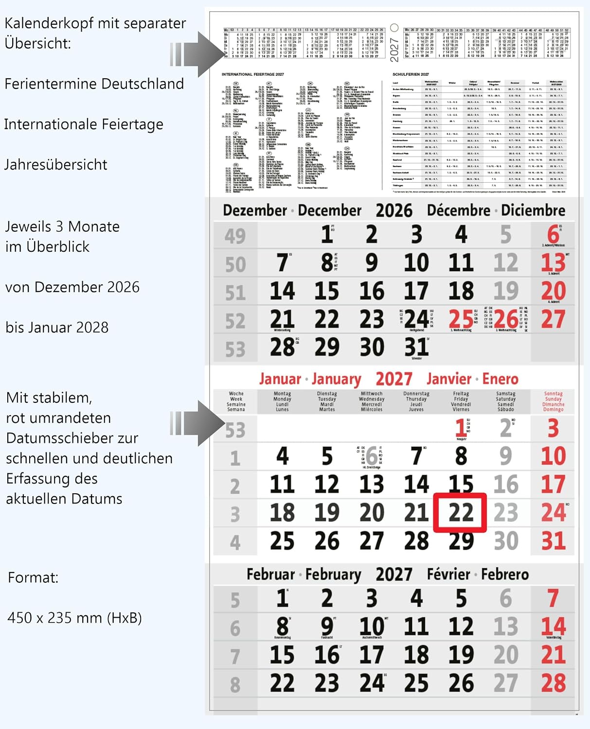3-Month Calendar 2027 Office Calendar Wall Planner 450 x 235 mm Three Month Calendar Small – Bild 3