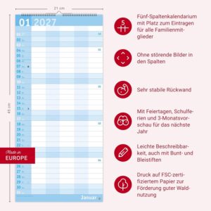 Basic Familienplaner 2027: Praktischer Wandplaner mit 5 Spalten. Familien-Wandkalender mit Schulferien und 3-Monats-Ausblick aufs Folgejahr. Terminkalender 2027. – Bild 14