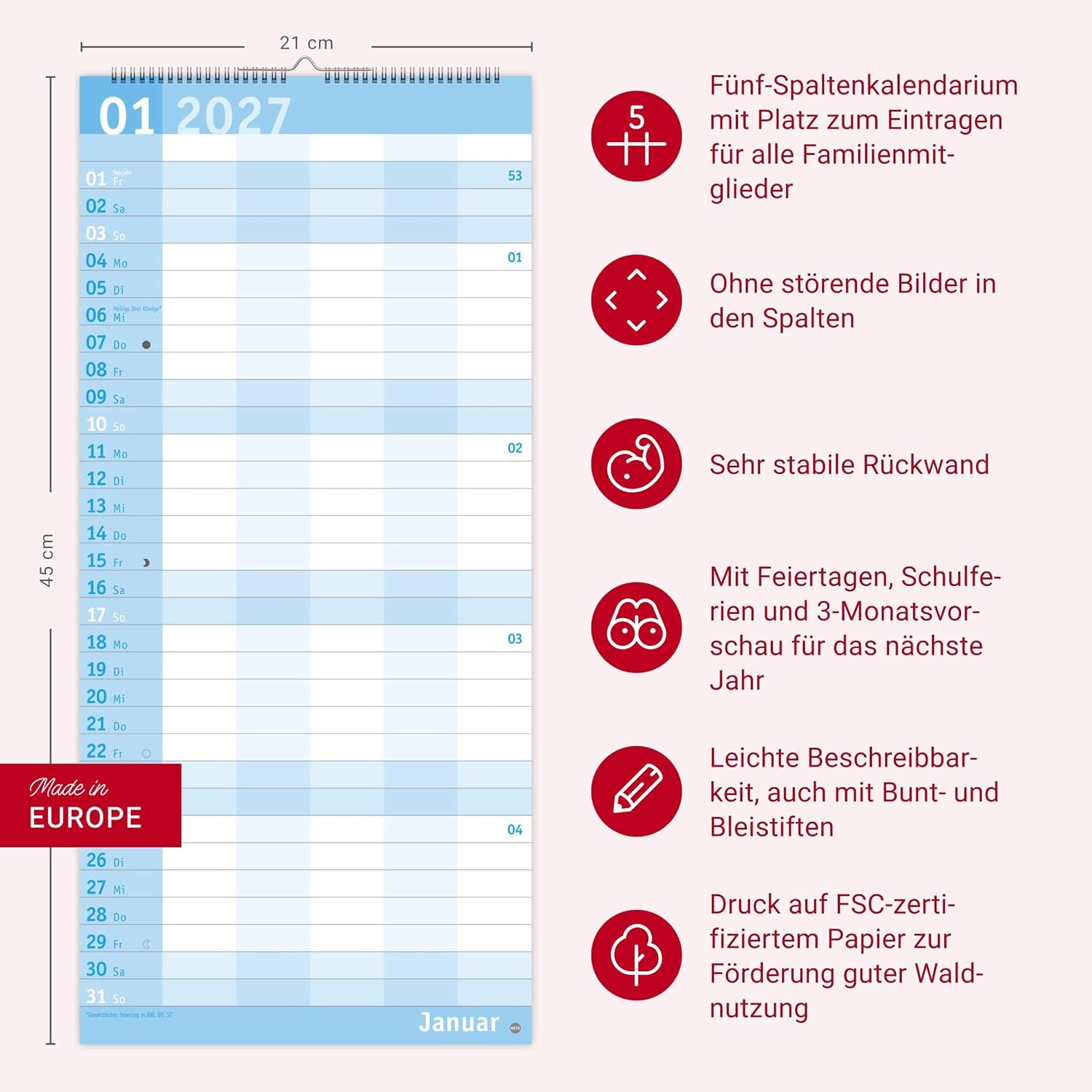 Basic Familienplaner 2027: Praktischer Wandplaner mit 5 Spalten. Familien-Wandkalender mit Schulferien und 3-Monats-Ausblick aufs Folgejahr. Terminkalender 2027. – Bild 14