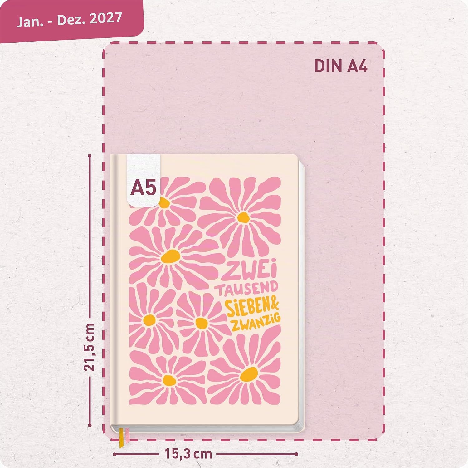 Häfft - Timer Book Calendar 2027 A5 for Young Adults "Pink Flowers" – Bild 3