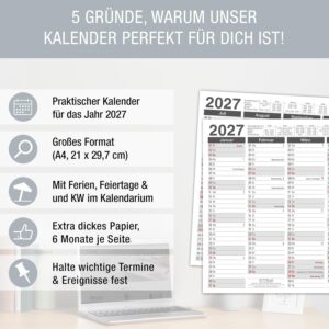 Alternative view of TOBJA® DIN A4 Blackboard Calendar 2027 Anthracite for Office, Law Firm & Architect, Year Planner with Holidays, Holidays & Calendar Weeks, 350 g/m² Paper, Wall Calendar Landscape Format, Set of 3