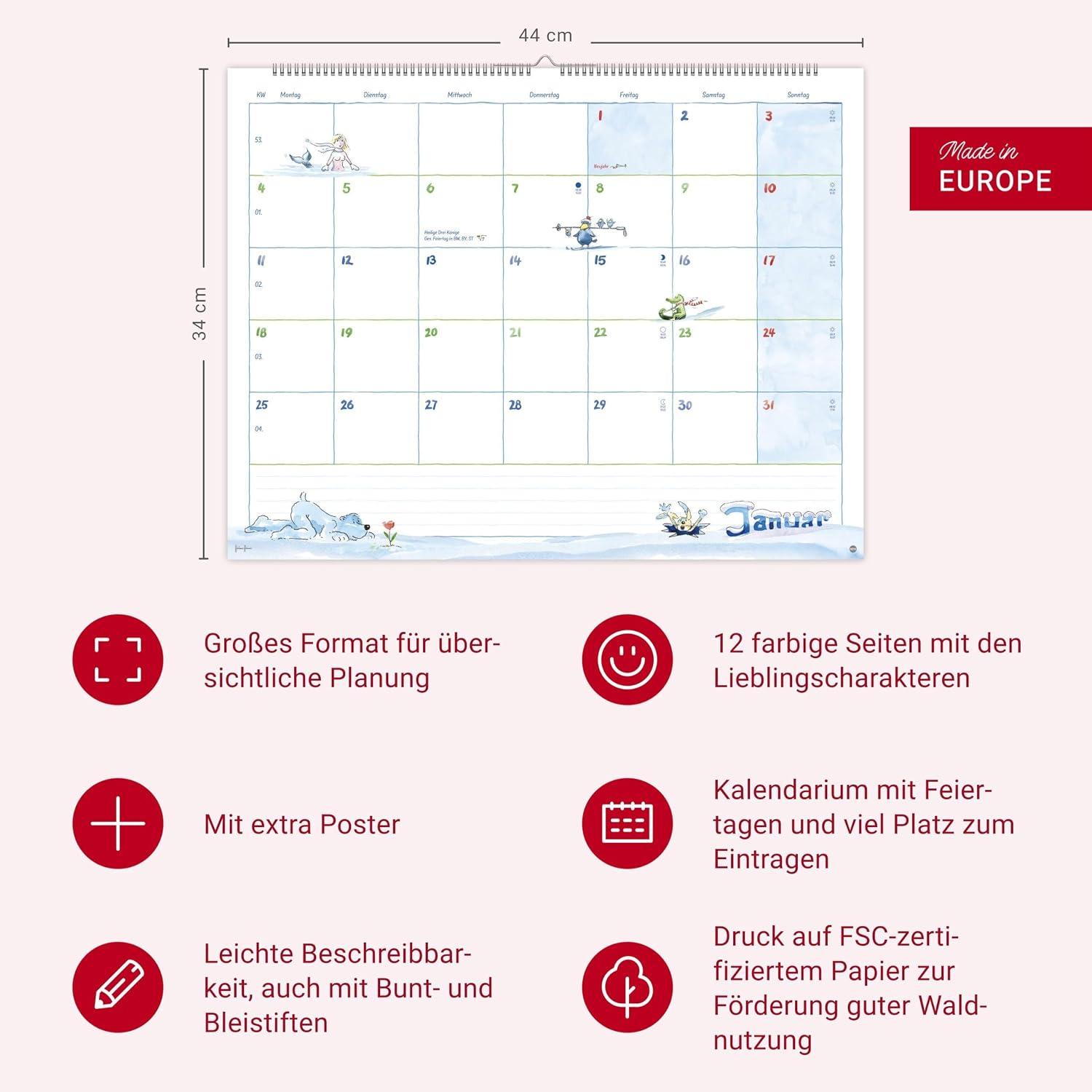 Helme Heine: Monatsplaner 2027: Liebevoll illustrierter Wandkalender von Helme Heine mit den drei Freunden. Termin-Kalender 2027 zum Eintragen. 44 x 34 cm. Querformat. – Bild 14