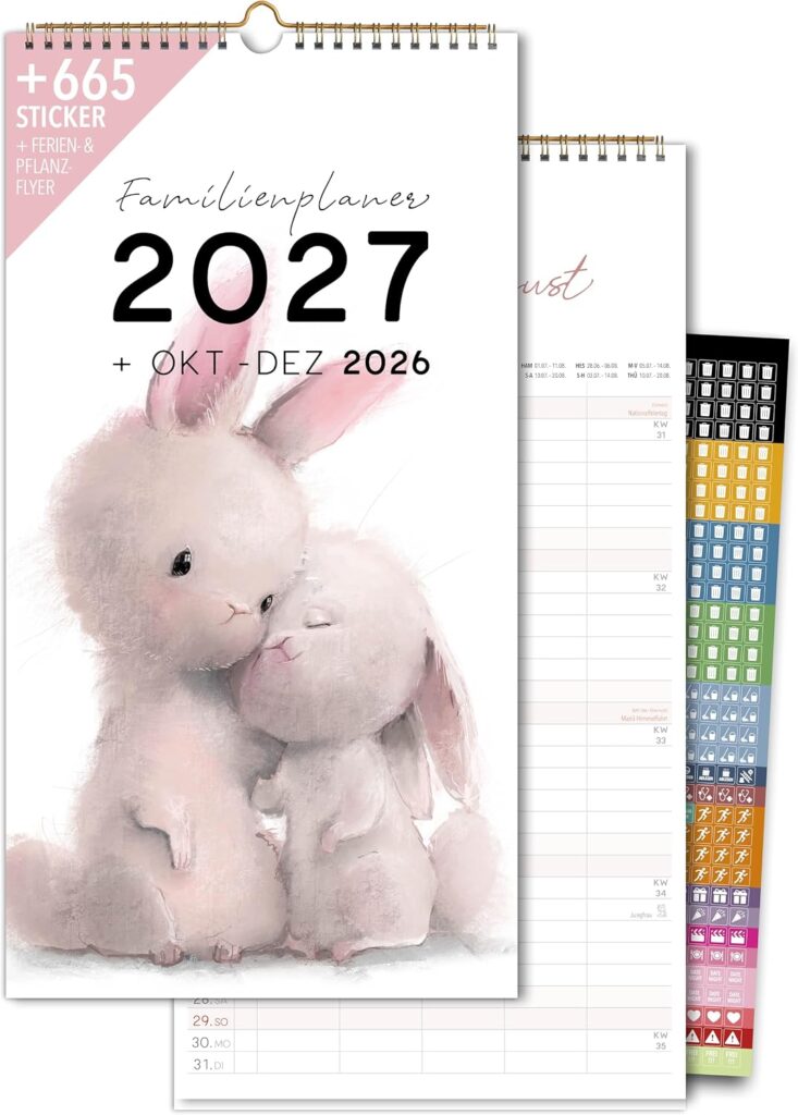 Schöne Güter® Family Calendar 2027 Family Planner 5 Columns with Stickers Holidays and Holidays Animal Illustrations 23 x 43 cm Art Calendar Drawn Playful Dreamy Artist Edition