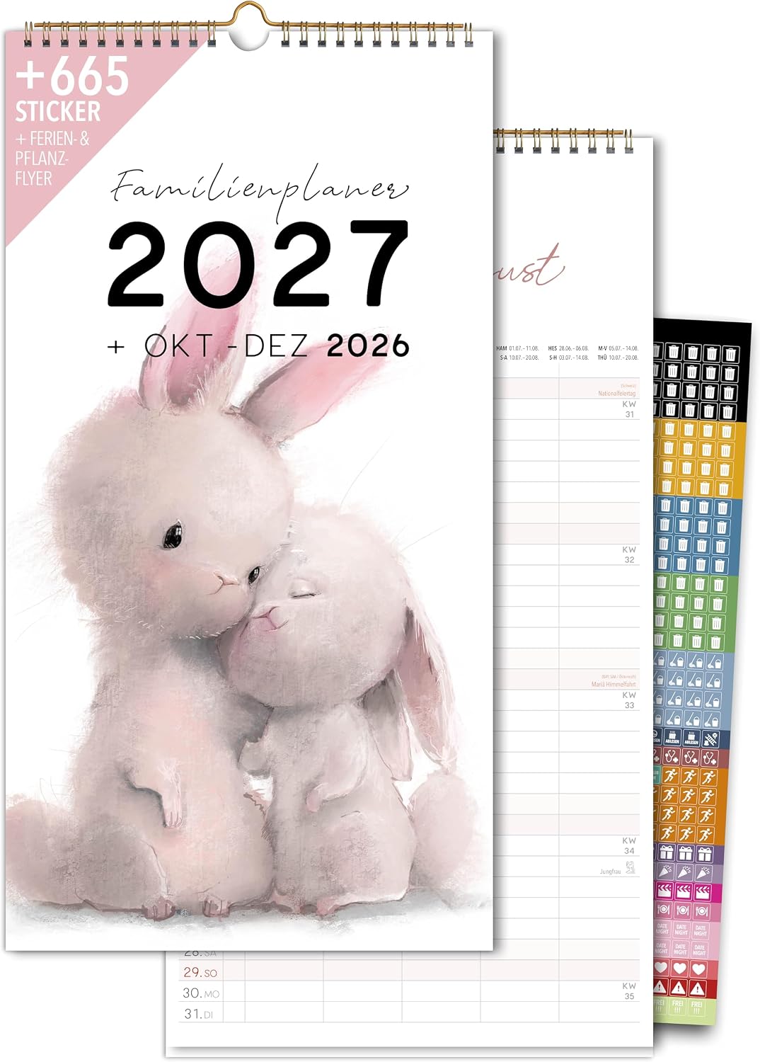 Schöne Güter® Family Calendar 2027 Family Planner 5 Columns with Stickers Holidays and Holidays Animal Illustrations 23 x 43 cm Art Calendar Drawn Playful Dreamy Artist Edition
