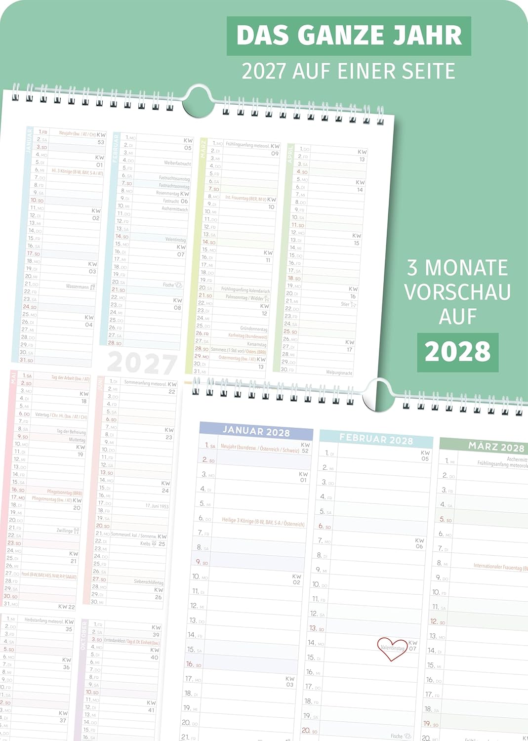 Schöne Güter® Couples Calendar 2027 Family Calendar 3 Columns 16 x 32.5 cm Eucalypt Greenery Wall Planner for 2 People Couple Planner Natural Design Modern and Fresh Includes Stickers and Holidays – Bild 8