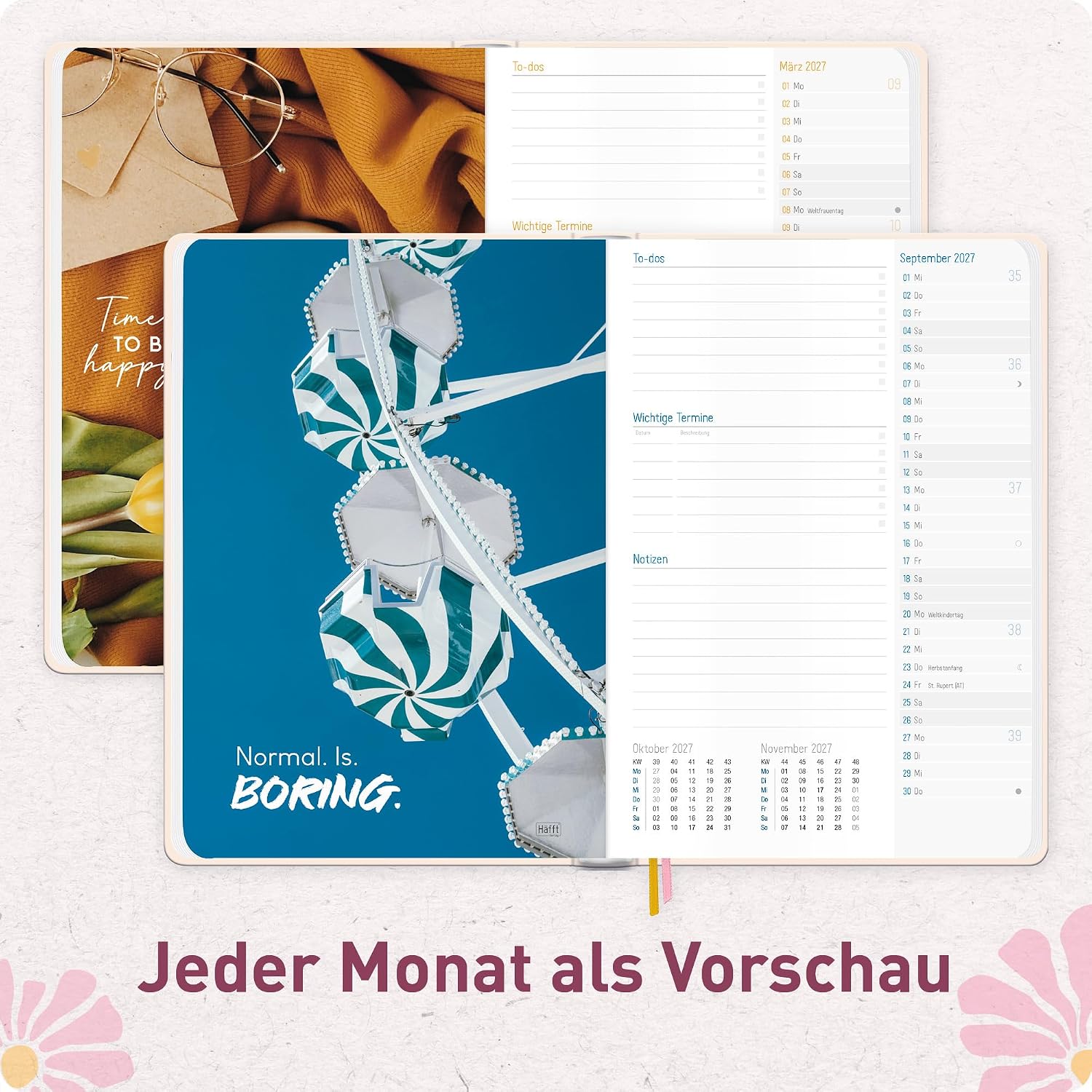 Häfft - Timer Book Calendar 2027 A5 for Young Adults "Pink Flowers" – Bild 5