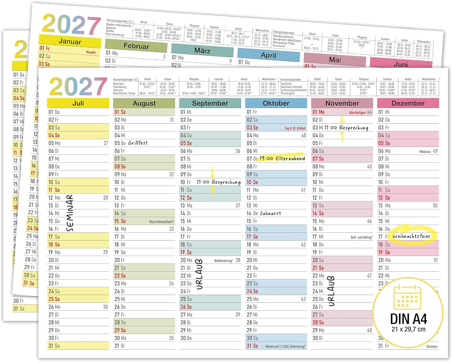 TOBJA® DIN A4 Blackboard Calendar 2027 Colourful for Family, Home Office & School - Half-Year Calendar with Holidays, Holidays & Calendar Weeks, 350 g/m² Paper, Wall Calendar Landscape Format, Set of