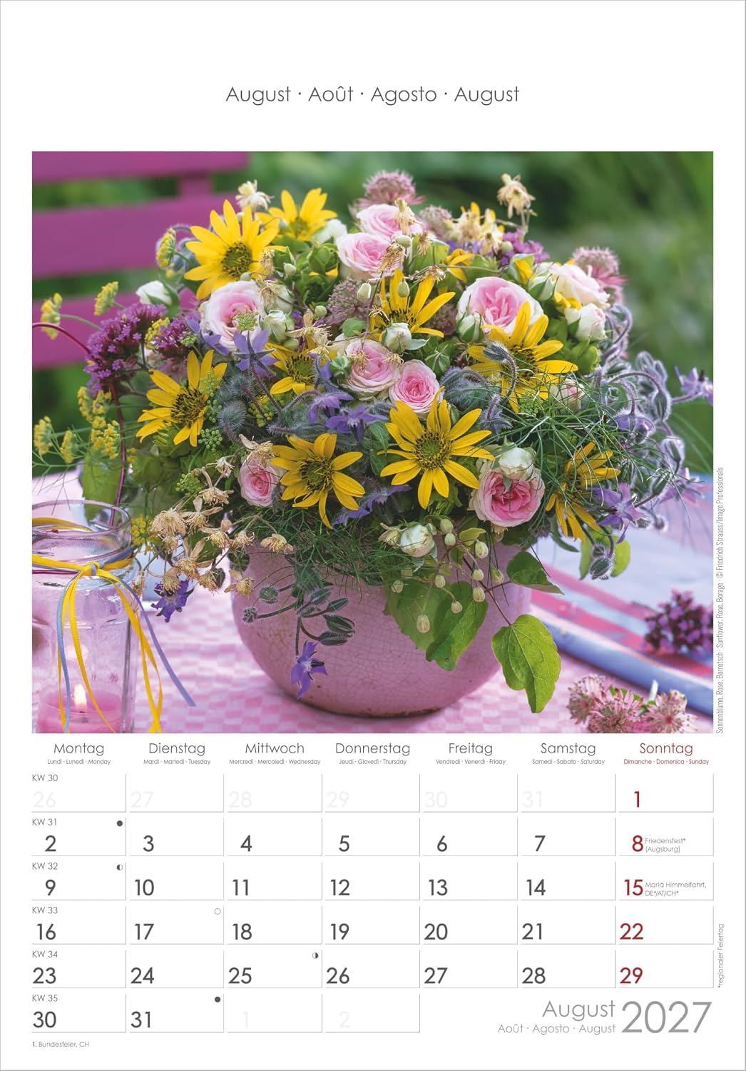 Blumen 2027: Wandkalender 23,7x34 cm mit 12 Blumenarrangements, 4-sprachigem Kalendarium und Platz für Notizen – Bild 6