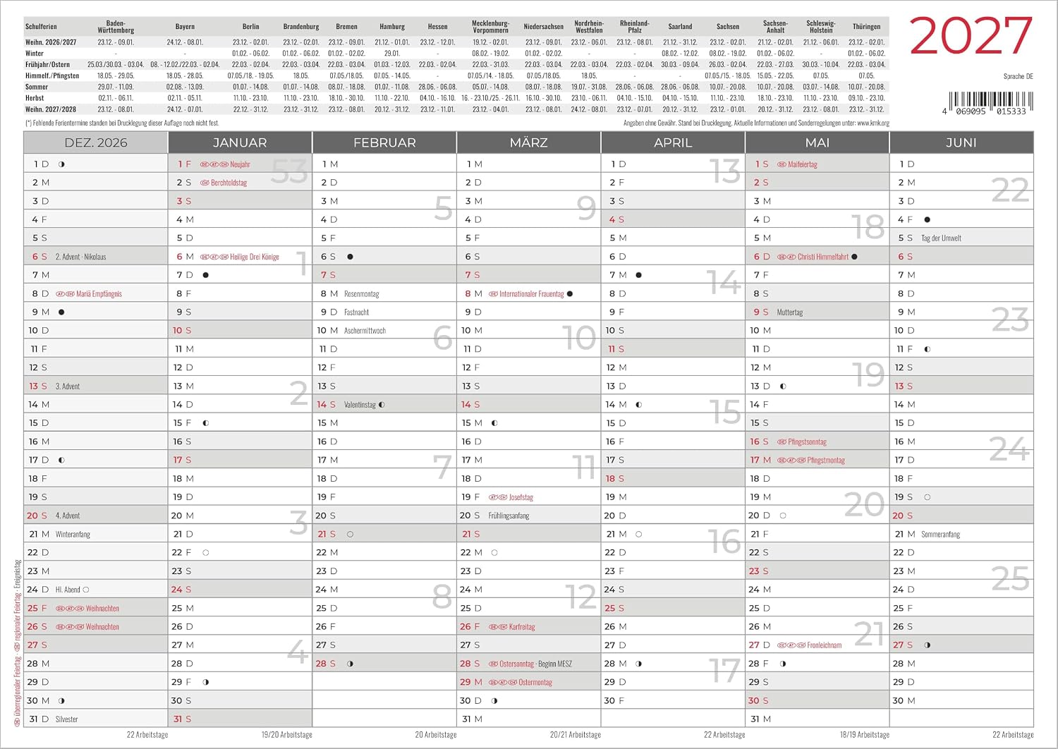 Blackboard Calendar A4 on Both Sides 2027: Yearly Overview 29.7 x 21 cm