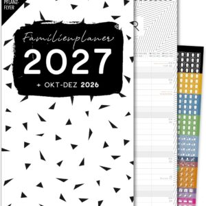 Schöne Güter® Family Calendar 2027 Family Planner 5 Columns with Stickers Holidays Black White Calendar 23 x 43 cm Black White Design Planner Wall Calendar 5 Columns Bold Text & Graphic