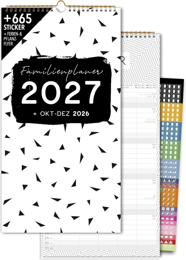 Schöne Güter® Family Calendar 2027 Family Planner 5 Columns with Stickers Holidays Black White Calendar 23 x 43 cm Black White Design Planner Wall Calendar 5 Columns Bold Text & Graphic