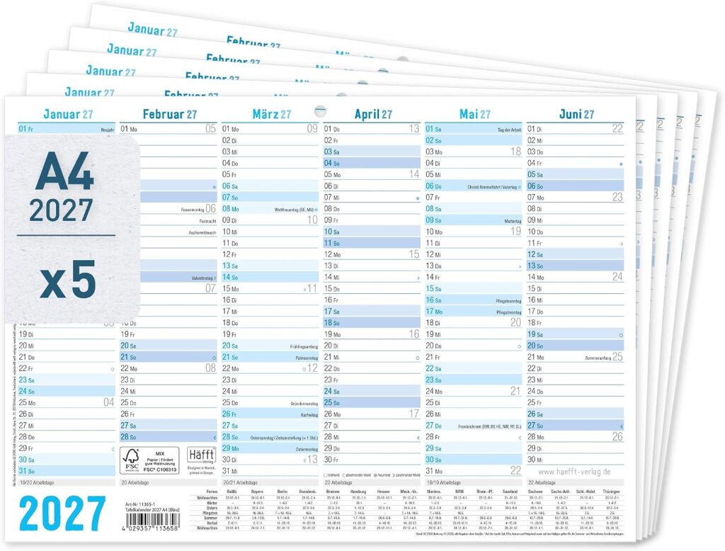 Häfft® 5 x Chalkboard Calendar 2027 A4 Landscape Year Planner Wall Calendar