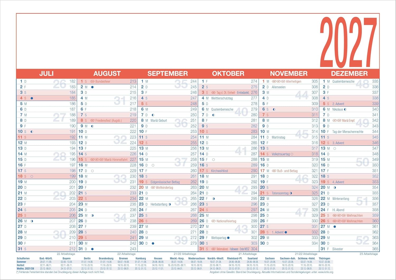 A4 2027 Laminated Working Day Calendar – Bild 2