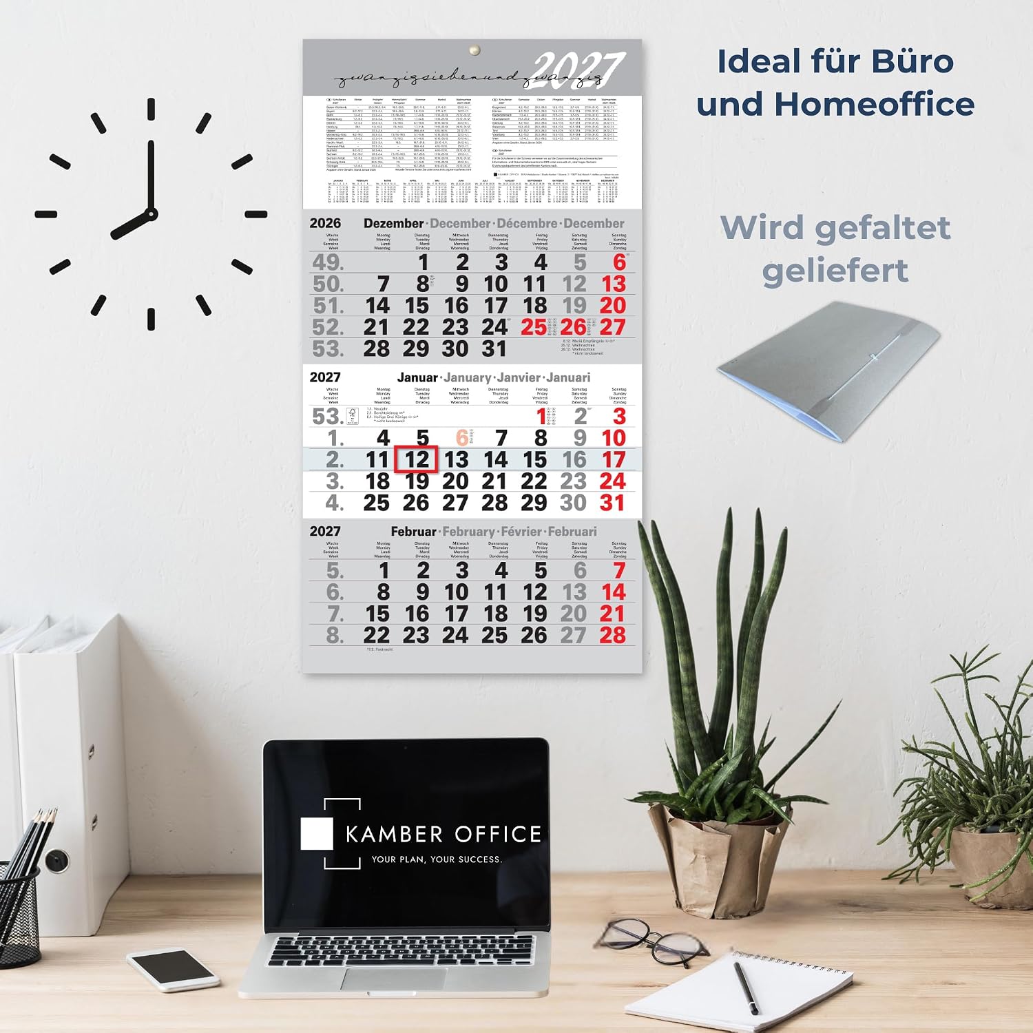 3 Month Calendar 2027 Wall Calendar with Slider - Calendar 2027, 3 Months at a Glance, Year Overview, Holidays & School Holidays DE/AT, Office Calendar 56 × 30 cm – Bild 2