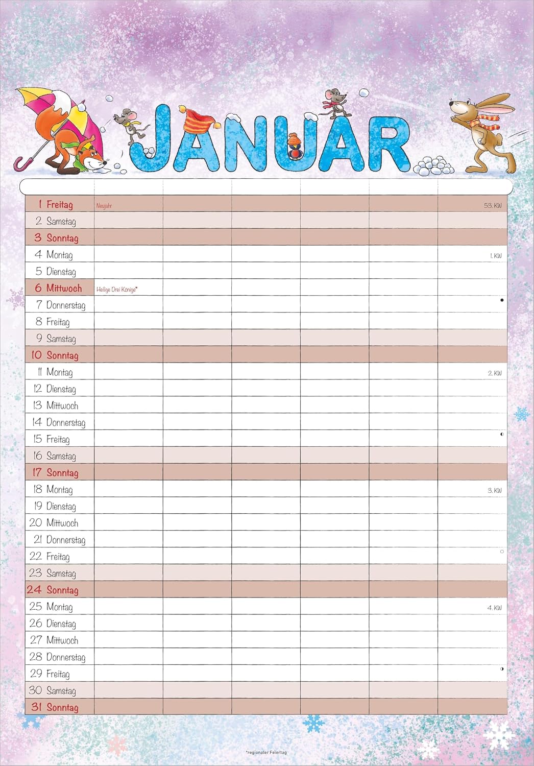 Family Planner Cartoon 2027: Family Calendar 23.7 x 34 cm with 6 Columns, Holiday Overview, German Calendar & Cartoon Illustrations, Ideal for Family Organisation – Bild 2
