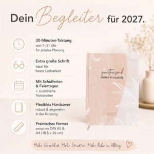 TOBJA® Book Calendar 2027 OptiPlaner Rosé - Watercolour Design Dusky Pink, 30 Minutes Stroke 7-21 o'clock, Weekly Planner Between A5 & A4 (18.5 x 26 cm), FSC, 4 Languages | Diary 2027 Women – Bild 2