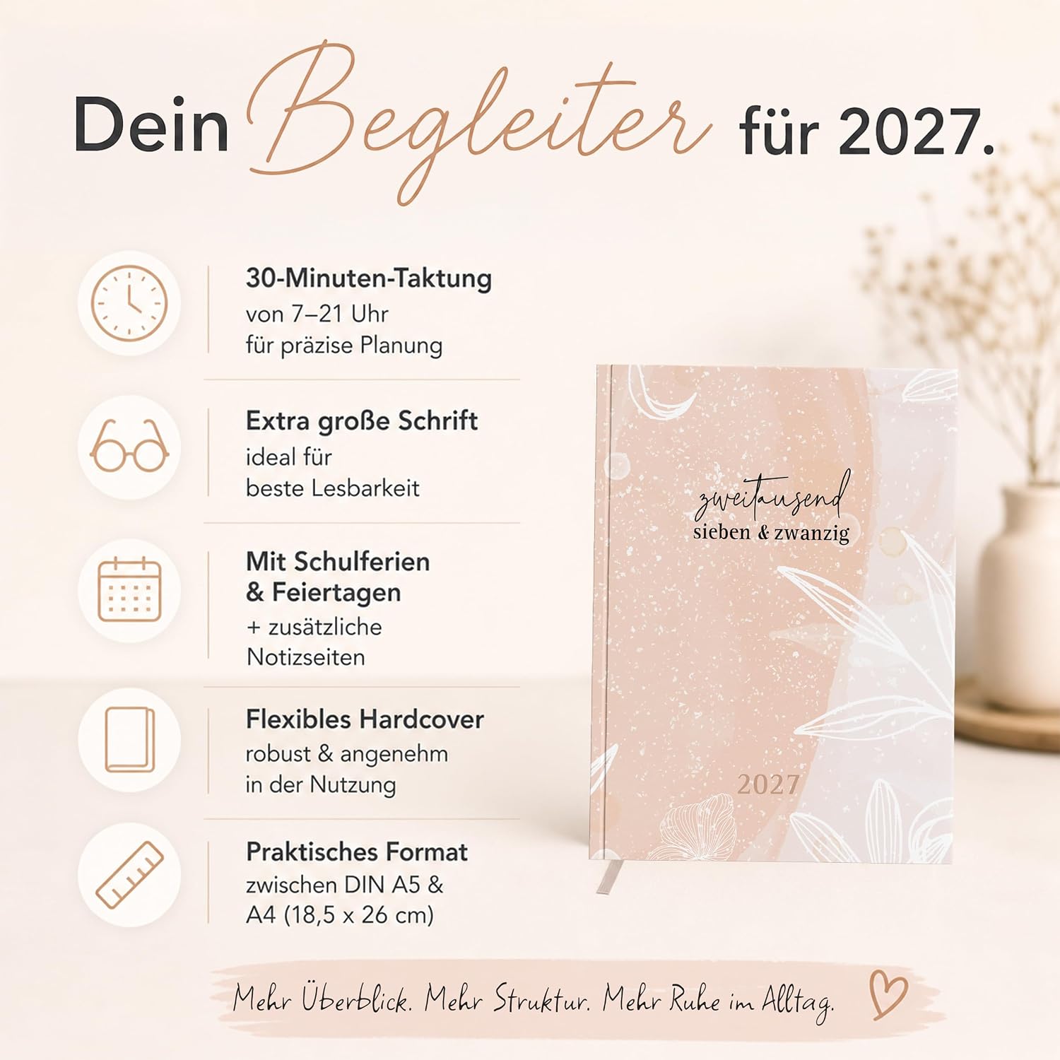 TOBJA® Book Calendar 2027 OptiPlaner Rosé - Watercolour Design Dusky Pink, 30 Minutes Stroke 7-21 o'clock, Weekly Planner Between A5 & A4 (18.5 x 26 cm), FSC, 4 Languages | Diary 2027 Women – Bild 2