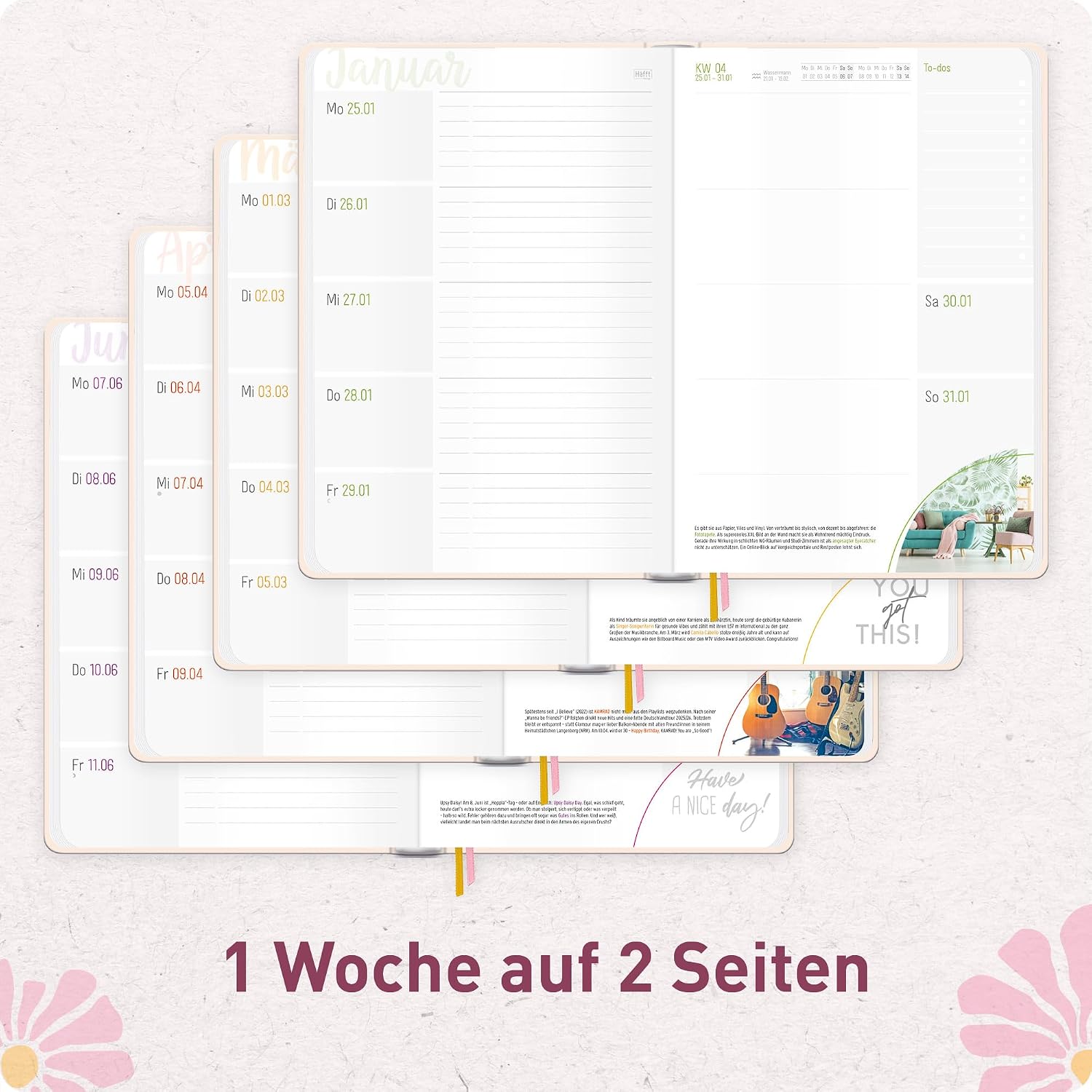 Häfft - Timer Book Calendar 2027 A5 for Young Adults "Pink Flowers" – Bild 4