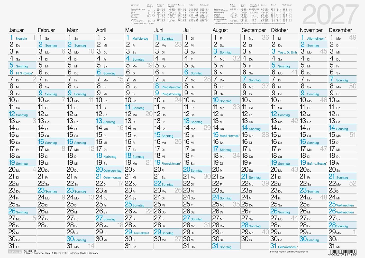 BRUNNEN Blackboard Calendar 2027 | A3 Landscape