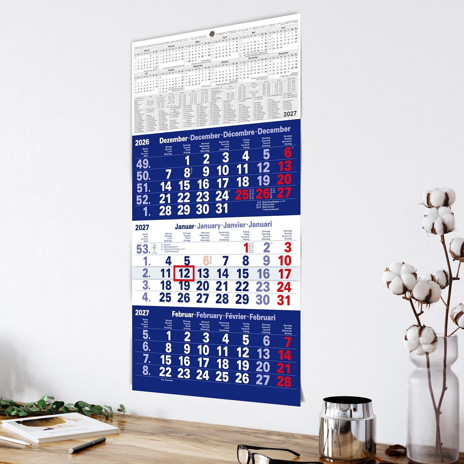 TOBJA® 3 Month Calendar 2027 Wall Calendar Blue - With Red Date Slider, FSC Certified, School Holidays and Holidays - Ideal for Office and Family | Quarterly Calendar Wall 30 x 56 cm – Bild 7