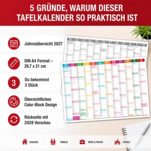 TOBJA® DIN A4 Blackboard Calendar 2027 Colour Blocks - 1 Year on 1 Page, Modern Design with Holidays, Holidays & Calendar Weeks, 350 g/m² Paper | Wall Calendar Year Planner Set of 3 – Bild 2