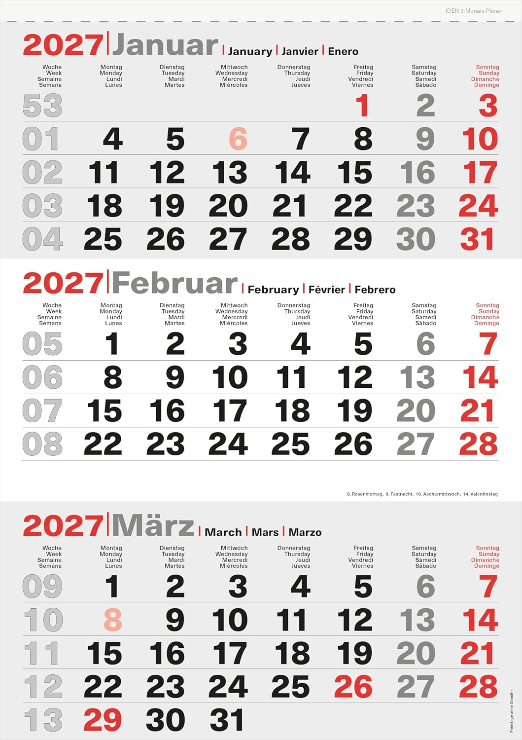 Idena 3 Month Calendar 2027 in Size 24 x 45 cm – Bild 3