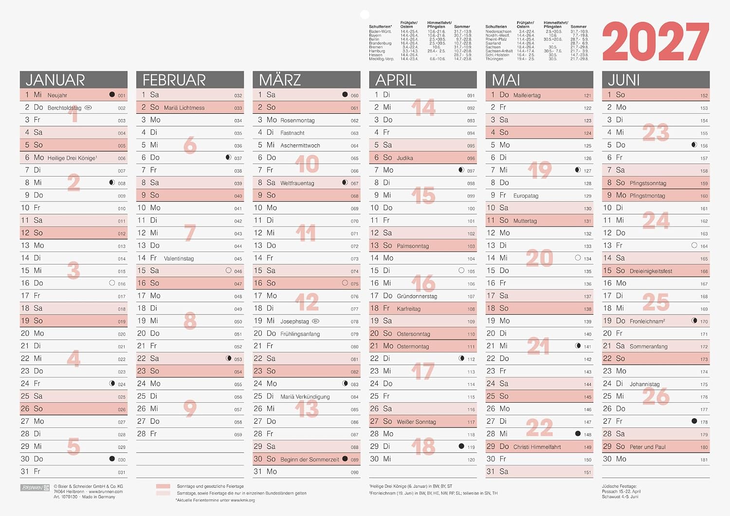BRUNNEN Blackboard Calendar 2027 | A3 Landscape