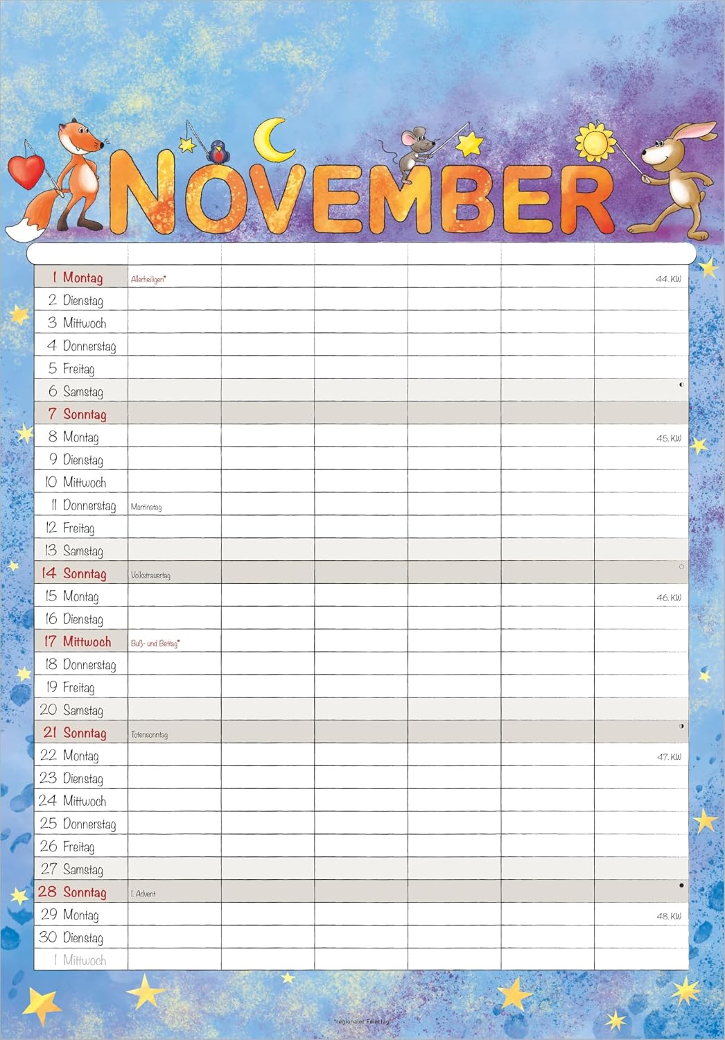 Family Planner Cartoon 2027: Family Calendar 23.7 x 34 cm with 6 Columns, Holiday Overview, German Calendar & Cartoon Illustrations, Ideal for Family Organisation – Bild 7