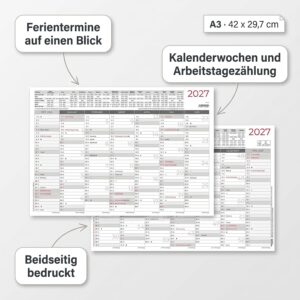 Blackboard Calendar A3 on Both Sides 2027: Yearly Overview 42 x 29.7 cm with 14 Months, Printed on Both Sides, Holidays, Holiday Dates & Moon Phases, Ideal for Office, Home Office & School – Bild 2