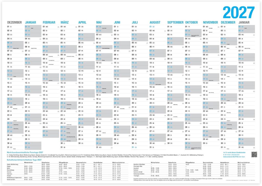 XL Wall Calendar 2027 - A3 (29.7 x 40.2 cm) for 14 Months Dec 2027 - Jan 2028 | Wall Planner with Holiday and Holiday Overview