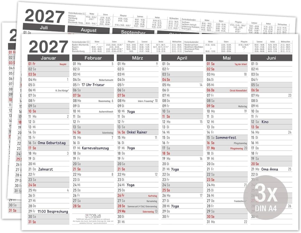 TOBJA® DIN A4 Blackboard Calendar 2027 Anthracite for Office, Law Firm & Architect, Year Planner with Holidays, Holidays & Calendar Weeks, 350 g/m² Paper, Wall Calendar Landscape Format, Set of 3