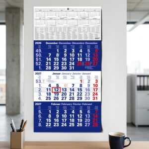 TOBJA® 3 Month Calendar 2027 Wall Calendar Blue - With Red Date Slider, FSC Certified, School Holidays and Holidays - Ideal for Office and Family | Quarterly Calendar Wall 30 x 56 cm – Bild 6