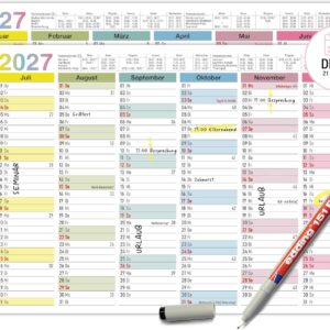 TOBJA® Blackboard Calendar 2027 Wipe-Clean - Wall Calendar 2027 A4 Colourful Includes 1 Pen - with Holidays, Holidays & KW, Rewritable Extra Thick Paper Calendar 2027 A4 Wipe-Clean
