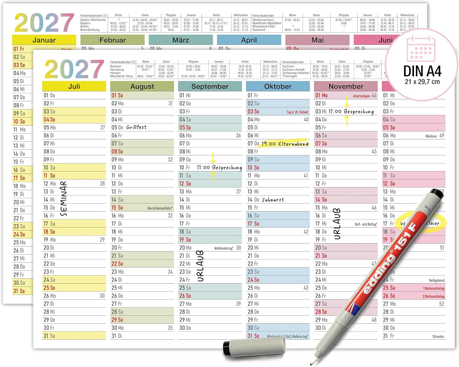 TOBJA® Blackboard Calendar 2027 Wipe-Clean - Wall Calendar 2027 A4 Colourful Includes 1 Pen - with Holidays, Holidays & KW, Rewritable Extra Thick Paper Calendar 2027 A4 Wipe-Clean